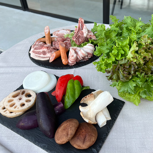 海と緑とグリルセットのお肉や野菜